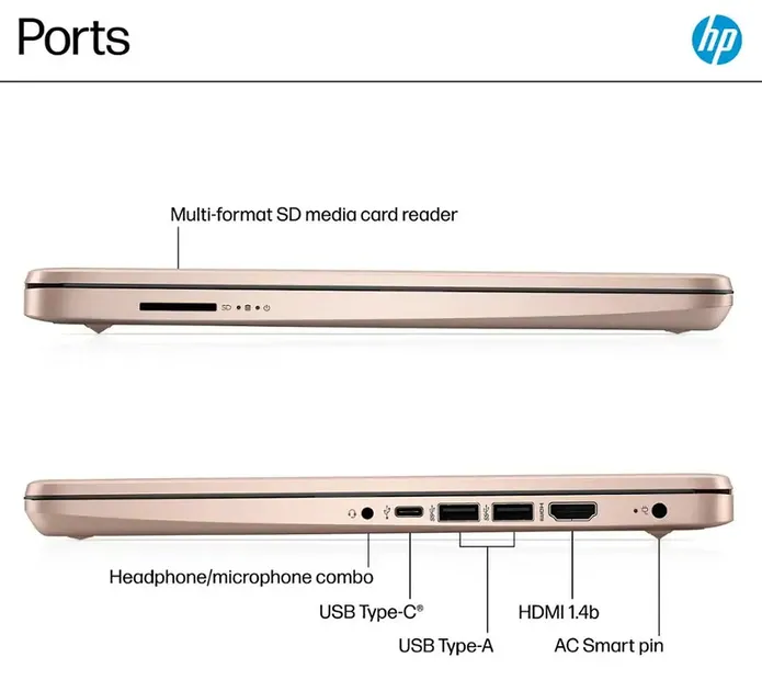 HP 14″ — Rose Gold 14-dq6015dx, ports on both sides