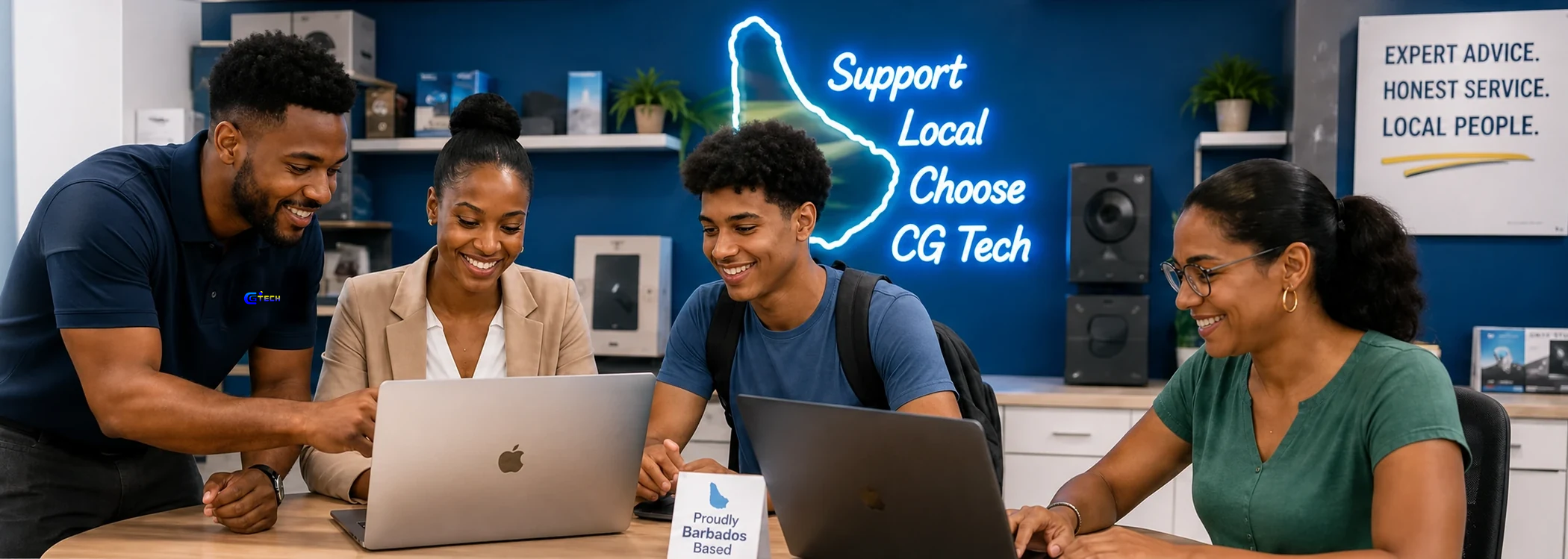 CG Tech staff helping local customers compare laptops in Barbados