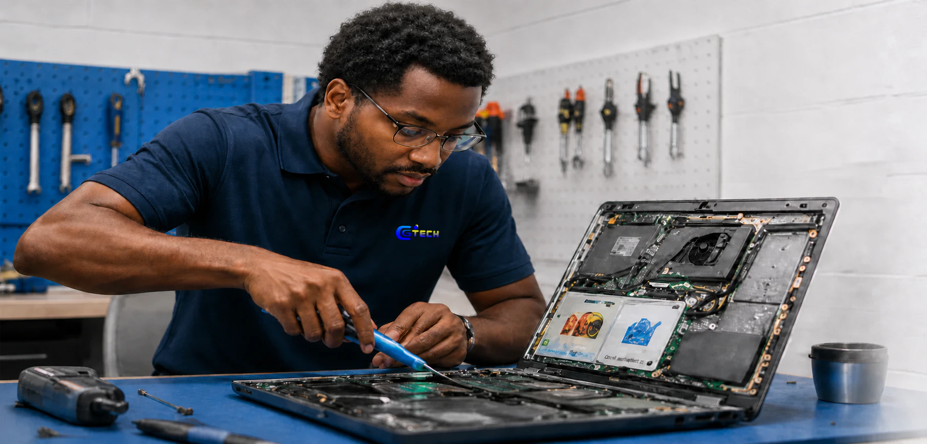 CG Tech technician repairing a laptop